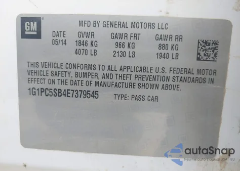 2014 Chevrolet Cruze 1Lt Auto из США, поврежденный, VIN 1G1PC5SB4E7379545